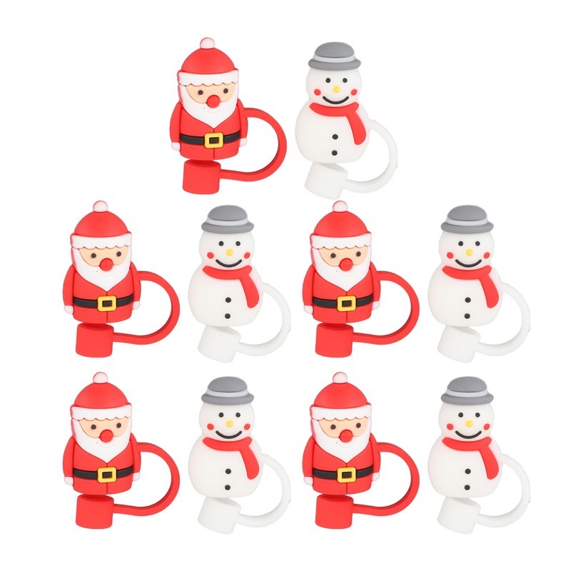 10Pcs Christmas Straw Covers Caps Cartoon Soft Silicone Christmas Straw