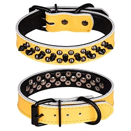 Pimaodog Spiked Studded Dog Collar, Genuine Leather Dog Collar, Adjustable Pet Collars for Small or Medium Pet (S, Yellow-1)