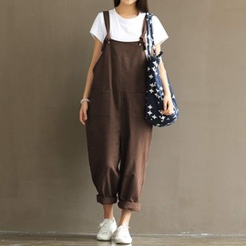 Lncropo Women's Plus Size Overalls Wide Leg Loose Baggy Jumpsuit Rompers,Coffee,3XL