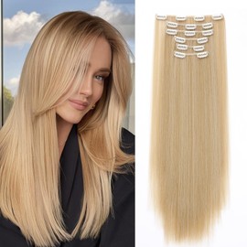 Dcbaboo Clip-In Extensions, Straight Clip-In Hairpiece, 6 Pieces, 55 cm Hair Extensions with Clips, Long Hair Extensions for Women, Dark Blonde Mix Bleach Blonde