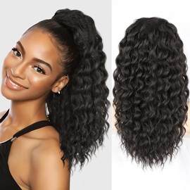 SHNMIN Ponytail Extension, Curly Drawstring Ponytail Extension for Women 18 Inch Curly Wavy Ponytail Yaki Textured Natural Fluffy Synthetic Hairpiece for Daily Use