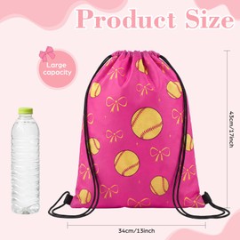Reginary 12 Pcs Softball Drawstring Bags Bulk Pink Bow 13 x 17 Inches Sports Goodie Candy Treat Gift Snack Bags for Team Sport Ball Theme Birthday Party Supplies