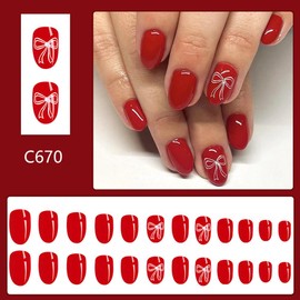 Winter Press On Nails Short - Christmas Red Press on Nails, Short Oval Fake Nails with Bow Sparkling Diamond Nail Glue Design, Natural Reusable Glue On Nails in 12 Sizes Soft Gel Nail Kit, Big Red