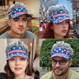 Popfizzy American Flag Hats with Hair for Men and Women, Adult Patriotic Hair Hat, Women’s 4th of July Outfit, Grey Wig Cap