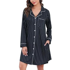 Vlazom Women Soft Nighties V-Neck Button Down Nightdress Classic Boyfriend Style Sleepshirt Long Sleeve Nightshirt Sleepwear Black Dots,S