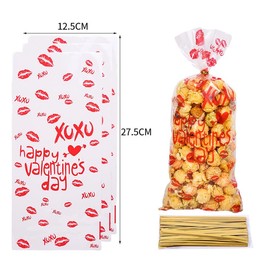 PACKSISTER Valentine's Day Cellophane Treat Bags 50Pcs - Clear Candy Snack Goodie Bags with Twist Ties, Heart & Lip Design for Valentines Party Favors Bags(5"X11")