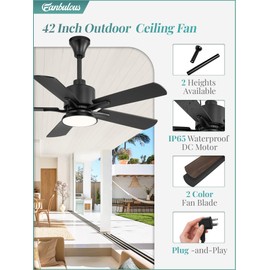 Fanbulous 42" Outdoor Ceiling Fans with Light for Patios, IP65 Waterproof Gazebo Fan, Plug in Ceiling Fan with Remote, 3CCT 6-Speed Black Ceiling Fan with Hanging Hook for Porch, Pergola,Canopy