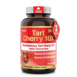Herba Herba Organic Tart Cherry Capsules – 10,000mg Per Day | 120 Capsules | 10:1 Cherry Pills Extract | Montmorency Tart Cherry Supplement for Antioxidants | 60 Day Supply | Made in Canada