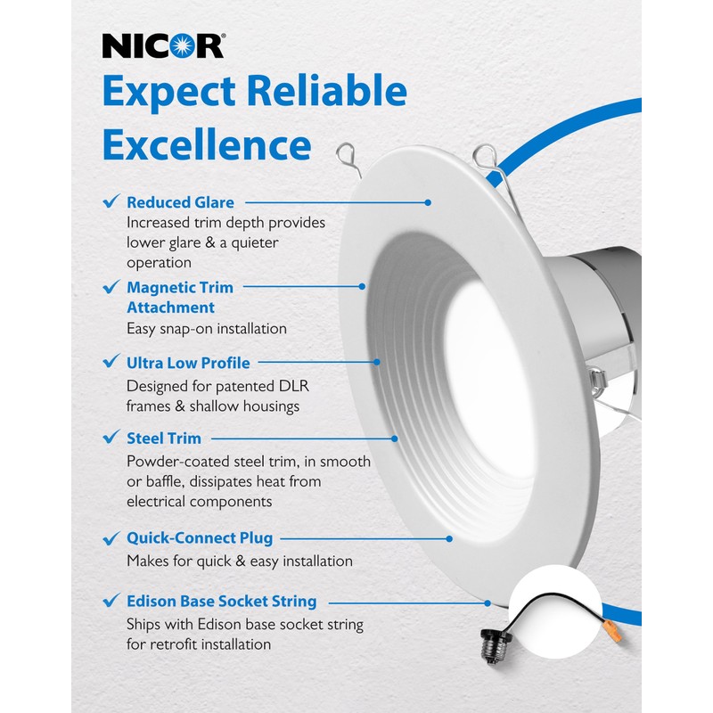 NICOR DLR56609120SWHBF DLR56(v6) 5/6-inch White 900 Lumen Selectable Recessed LED