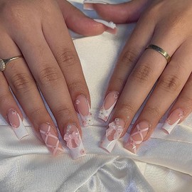 Square Press on Nails Long Coffin Fake Nails with Designs 3D Bow charm Stick on Nails Pink Flower Glue on Nails White French Tip False Nails Glossy Acrylic Nails for Women Girls Manicure 24Pcs…