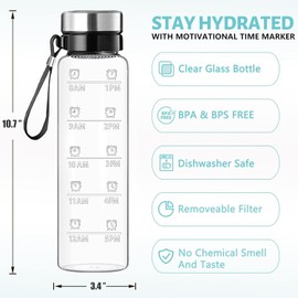 RNCKUUE 1 Liter Glass Water Bottle - 32 oz Large Borosilicate Wide Mouth Glass Drinking Bottles With Time Marking, Sleeve, BPA Free