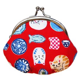 Keisuu Coin Purse Cat Dish Cotton Pouch, Made in Japan, 3.3 x 3.7 inches (8.5 x 9.5 cm), 2.6 inches (8.5 cm), Coin Purse, Wallet, Japanese Goods, Cat and Plate, Red, Cat Plate, Red