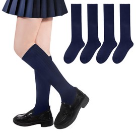 4 Pairs Girls Knee High Socks Seamless Toe Kids School Uniform Socks Over The Knee Socks for Girls Boys Navy M