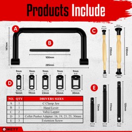 WETT Valve Spring Compressor Set, Engine Valve Spring Clamp Removal Tool with Valve Lappers, C Clamp Jaw, Hand Lever, Collet Pusher Adapters, Compatible with Car, Motorcycle, ATV, Engine Repair
