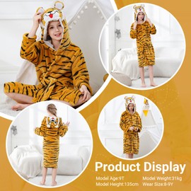 COOKY.D Unisex Bathrobes Toddler Animal Design Flannel Robe Boys Girls Nightgown Soft Hooded Sleepwear Pajamas with Pocket,Tiger 3-4 years
