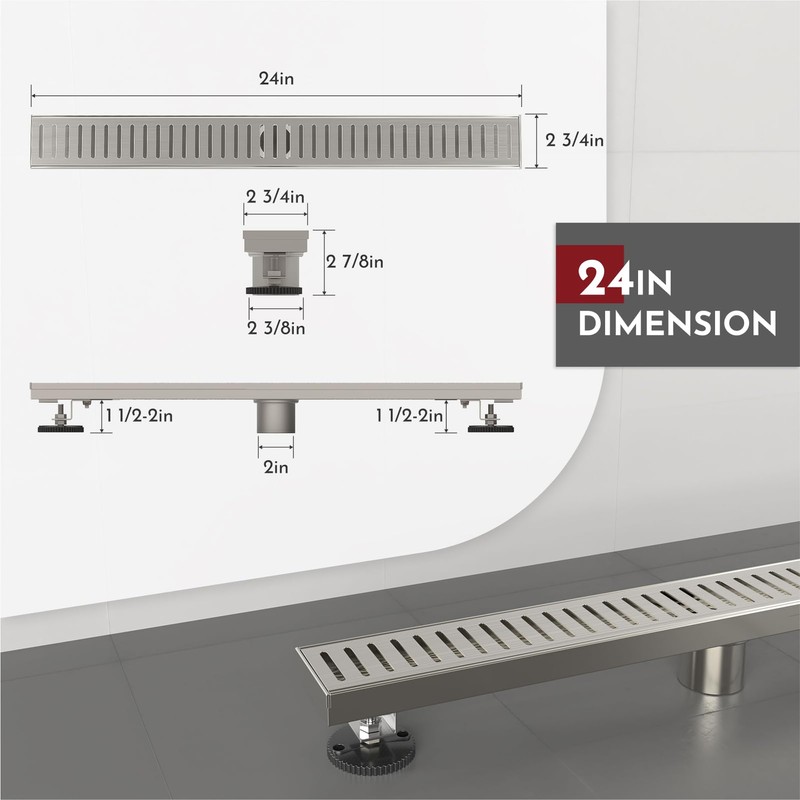 WEBANG 24 Inch Linear Shower Drain Rectangular Floor Drain with