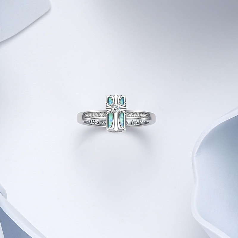 Cross Cremation Ring for Ashes - 925 Sterling Silver Opal