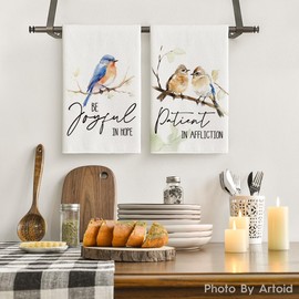 Artoid Mode Floral Leaves Branch Bird Kitchen Towels Dish Towels, 18x26 Inch Seasonal Summer Decoration Hand Towels Set of 4