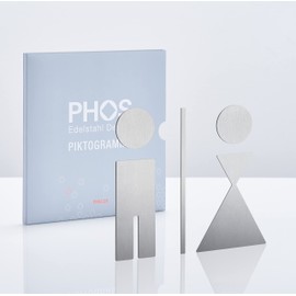 PHOS Design Toilet Symbols/Pictograms with Design Award, 11 cm Height, Women's Men's Toilets, Door Sign Stainless Steel Matt, Glue Without Drilling
