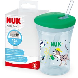 NUK Action Cup Drinking Cups for Children in Practical Double Pack | 12+ Months | 230 ml | Twist Lid with Soft Straw | Leak-Proof | BPA-Free | Purple & Green | Pack of 2