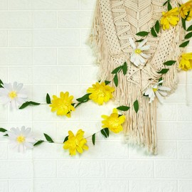 Easy Joy 2Pcs Paper Flower Garland 8.2ft Spring Hanging White Yellow Paper Flower Green Leaves Party Banner Crepe Artificial Flower Floral Garland for Spring Birthday Wedding Home Wall Decor