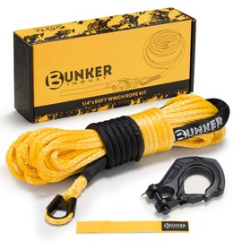 BUNKER INDUST 1/4" x 50' Synthetic Winch Rope Kit,11023LBS Winch Line with Protective Sleeve + Forged Winch Hook + Strap, Nylon Winch Cable Replacement for 3500-6000LBS Winch Off-Road ATV UTV, Yellow