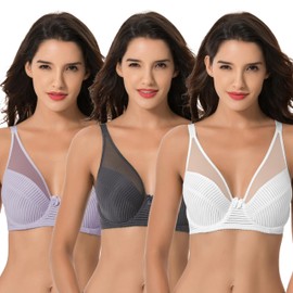 Curve Muse Women's Plus Size Minimiser Unlined Underwired Full Coverage Bra, Lavender, Grey, Cream (Pack of 3)