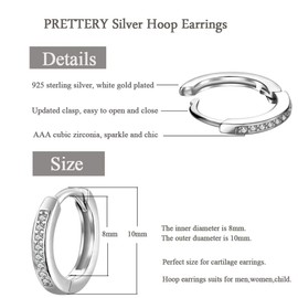 PRETTERY Silver Hoops Earrings for Women, Hypoallergenic Sterling Silver Small Hoop Earrings with Cubic Zirconia, 8mm Cartilage Tragus Sleeper Hoop Earrings