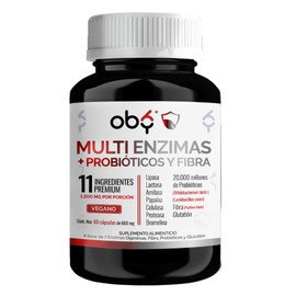 Oby Multi Enzimas digestivas, Probiticos  7 tipos enzimas  Probiticos Bifidobacterium y Lactobacilos  Fibra Psyllium Husk  Glutation  60 caps veganas 