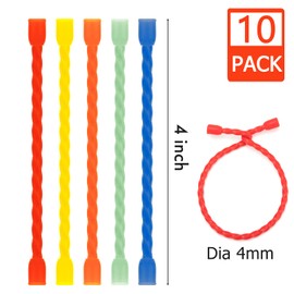 Gesipor 10 PCS 4-Inch Silicone Cable Ties - Reusable Twist Ties Bendable Steel-Core Rubber Cable Ties for Bundling and Holding, All Purpose Cord Tie for Indoor and Outdoor (5 Colors)