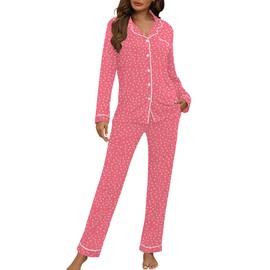 HNG Button Down Lounge Sets Black Pajamas Xmas Pjs Sleep Wear Set For Women Pink Hearts, S