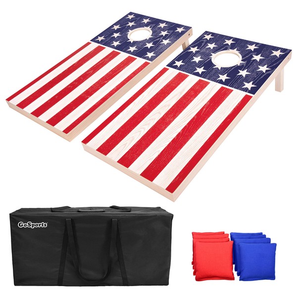 GoSports Regulation Size Solid Wood Cornhole Set - American Flag Design - Includes Two 4 ft x 2 ft Boards, 8 Bean Bags, Carrying Case, and Game Rules