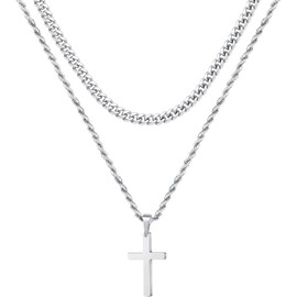 Layered Cross Necklace for Men Gold/Silver Stainless Steel Cross Pendant Necklace Cuban Link Chains for Mens Christian Necklace, Cross Chain Necklace for Men Jewlery Gifts 17-20 Inches