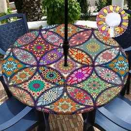 Buwuta Outdoor Tablecloth with Umbrella Hole and Zipper Waterproof Round Patio Table Cover Wipeable Round Outdoor Tablecloth for Outside, Picnic, Garden Fits to 45"-52" Patio Tables