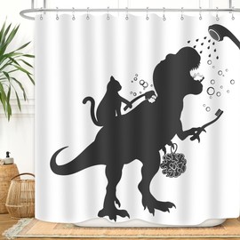 ZXMBF Cat Dinosaur Shower Curtain Funny Cartoon Cat Dino Bathe for Kids Boys Trex Silhouette Shadow Black White Design Artwork Bathroom Decor Waterproof Fabric 72Lx72W Inch with Hooks