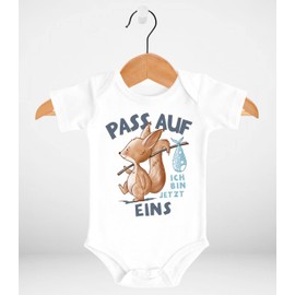 MoonWorks® Baby Bodysuit with Saying for Birthday Ich Bin jetzt Eins | Two | Dreii Squirrel Animals Short-Sleeved Bodysuit Organic Cotton, 1 Year White, 6-12 Monate