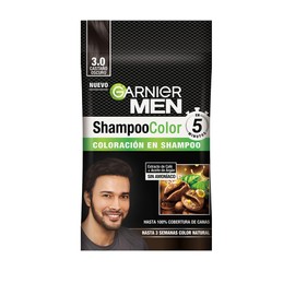 Garnier Men Tinte para cabello en Shampoo, Tono: 30 Castaño Oscuro, 1 sobre. Coloración para hombre, 100% cobertura de canas