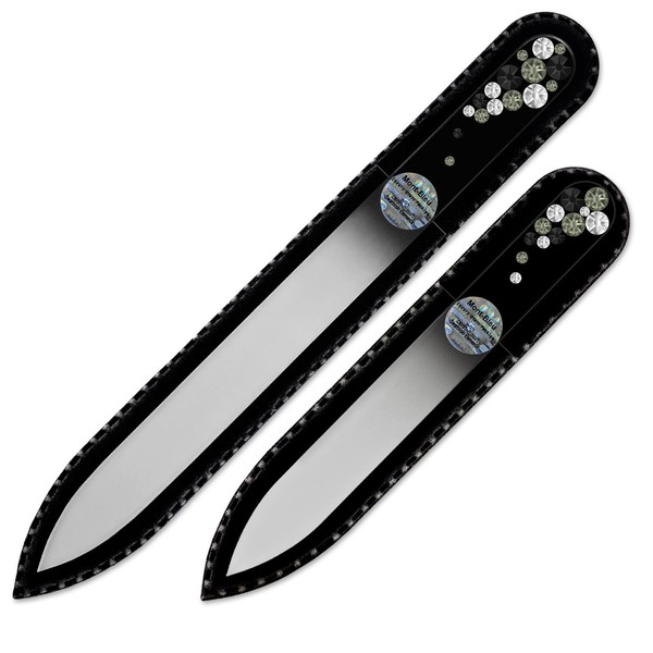 Mont Bleu Premium Set of 2 Glass Nail Files Hand Decorated with crystals - in Black Velvet Sleeve - Genuine Czech Tempered Glass - Mothers day gifts - Fingernail File for Natural Nails