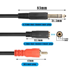 GINTOOYUN 6.35 mm Male to RCA Male + 3.5 mm Female Audio Cable 6.35 mm 1/4 Inch Male to RCA Male + 3.5 mm Double Channel Female Y Splitter Cable Adapter for Home Stereo, Mixer, etc. (21.2 Inch)