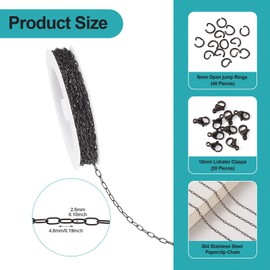 Elecrelive 16.4 Feet Stainless Steel Paperclip Chains for Jewelry Making 4.8mm Flat Oval Cable Chains Links Black Paperclip Necklace with Jump Rings Clasps for DIY Bracelet Jewelry Making