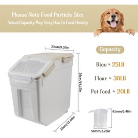YXQ 25LB Large Flour Storage Container Bin,4 Pack Airtight Plastic with Wheels Seal Locking Lid Dispenser Organizer Storage Bin with Measuring Cup & Scoop for Flour, Rice, Grain 100LBS Total，Grey
