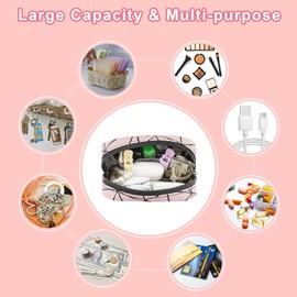 Playexen Large Cosmetic Bag Women's PU Leather with Zip Portable Makeup Bag for Handbag Large Capacity Makeup Bag for Cosmetics Coins Keys Sanitary Napkins, Pink-2pcs