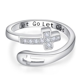 TANGPOET Let Go Let God Ring for Women Men 925 Sterling Silver Adjustable Open Faith Cross Rings Religious Christian Jewelry Inspirational Encouragement Gifts for Birthday Christmas