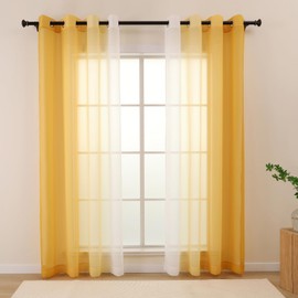 L.Z.E Gold Ombre Sheer Curtains 63 Inch Length for Living Room, Gold and White Curtains for Kids Bedroom Dining Room, Transparent Lightweight Gradient Window Drapes Grommet Top 2 Panels Set
