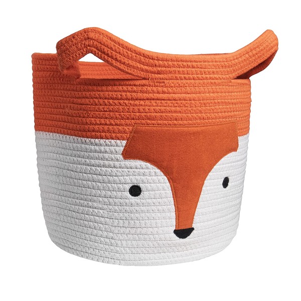 Woven Rope Basket, Laundry Basket Kids, Toy Storage Basket, Cartoon Fox Face Laundry Hamper Nursery Storage Basket for Kids, Pets Storage Organiser for Toys, Clothes, Orange and White (35*30*30cm)