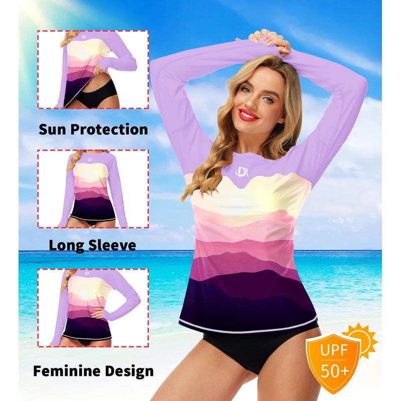 Deerose Rash Guard Womens Long Sleeve Gradient Shirts for Swimming