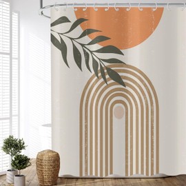 ASDCXZ Boho Style Shower Curtain 180 x 200 cm, Modern Abstract Art Leaves Sun Lines Bow Beige Bathroom Washable Shower Curtains Polyester Textile Waterproof Shower Curtain for Bath with 12 Hooks