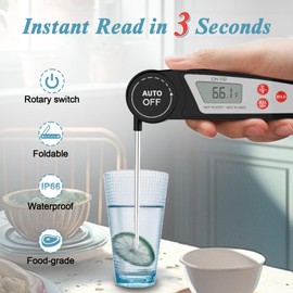 Meat Thermometer with 180° Foldable Probe, Instant Read Food Thermometer Digital for Cooking, Waterproof Oven Thermometer for Kitchen,Sugar, Outdoor Grilling and BBQ(Black)