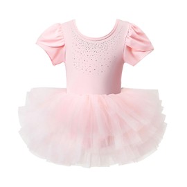 KARETT Toddler Ballet Leotard with Snap Glitter Ballerina Outfit Criss-Cross Short Sleeve Pink Tutu Dress for Girls 6-7 Years