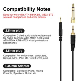 Gneinour ATH-M50X Replacement Cable Compatible with Audio-Technica ATH-M50X ATH-M40X ATH-M60X ATH-M70X Headphone, Coiled Audio Cable with 6.35mm Adapter, 5-10ft